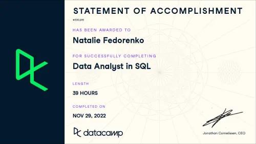 Fedorenko certificate data camp Data Analyst in SQL 1