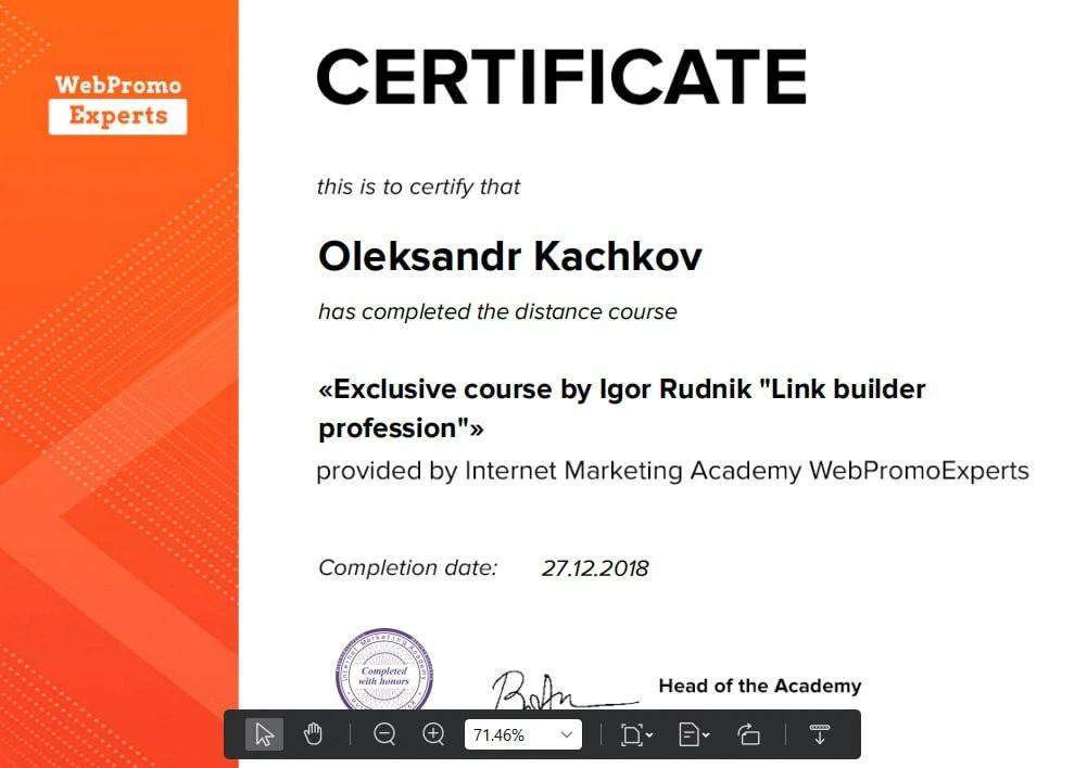 Oleksandr Kachkov certification від WebPromoExperts 0